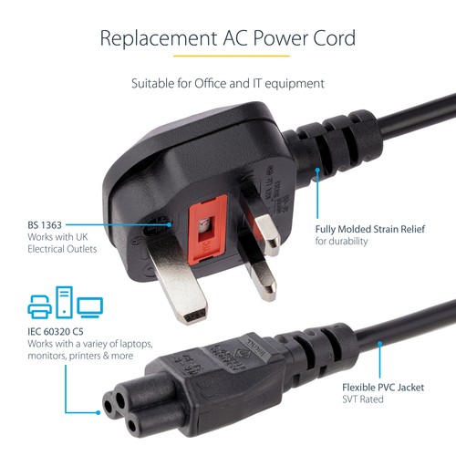 StarTech.com 3ft (1m) UK Laptop Power Cable, BS 1363 to C5 Clover Leaf, 2.5A 250V, 18AWG, Notebook/Laptop Replacement Cord, Printer Cable, UK Laptop Charger Cord, BS 1363 to IEC60320 C5 - Power Brick Cord Strømkabel 1m Sort – billede 6