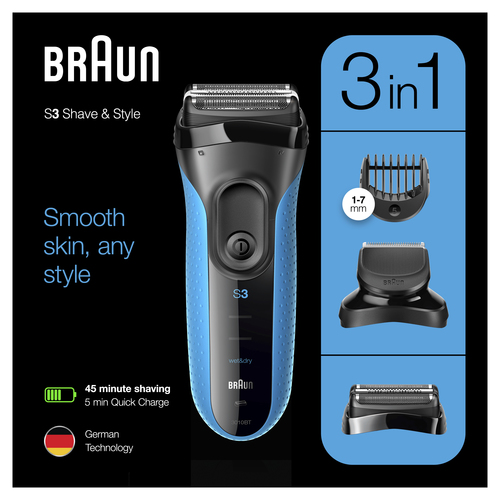 Braun Series 3 Shave&Style 3010BT Electric Shaver, Wet & Dry Razor for Men, Black/Blue – image 4