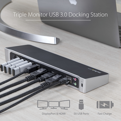StarTech.com Triple Monitor USB 3.0 Laptop Docking Station - 4K HDMI, 2x DisplayPort - Universal USB Dock for Windows & Mac OS (10.14 & Above) (USB3DOCKH2DP) USB Dockingstation – billede 8