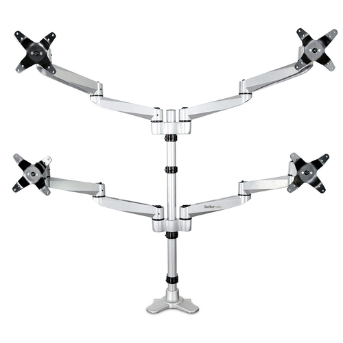 StarTech.com Desk Mount Quad Monitor Arm, Premium Articulating VESA 4 Monitor Mount 2x2 up to 27, Ergonomic Height Adjustable Pole Mount, Tilt/Swivel/Rotate, C-Clamp/Grommet, Silver - Heavy-duty VESA Mount (ARMQUADPS) Monteringssæt 4 skærme 13-27 – billede 7