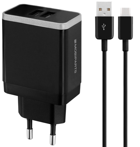 Mobiparts Wall Charger Dual USB 2.4A + USB-C Cable Black