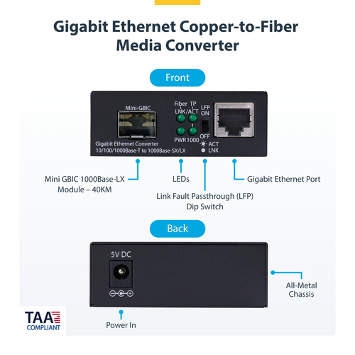 StarTech.com Single-Mode (SM) LC Fiber Media Converter for 10/100/1000 Networks, Standalone Gigabit Ethernet to Fiber Converter, 40km - TAA – image 8