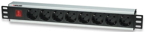 Intellinet 19 Rackmount 8-Way Power Strip - German Type, With On/Off , No Surge Protection (Euro 2-pin plug) Stikdåse 8-stik 16A Sort 3m