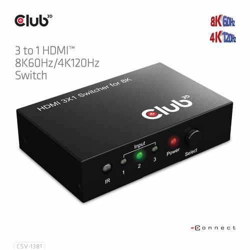Club 3D 3 - 1 HDMI Switch 8K 60Hz / 4K 120Hz, afbeelding 2