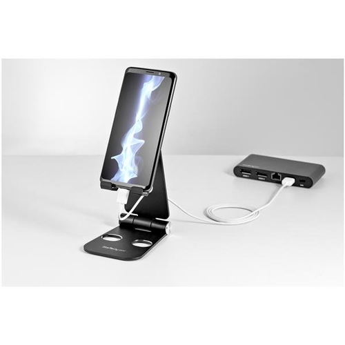 Startech Phone and Tablet Stand, Foldable Universal Mobile Device Holder for Smartphones & Tablets, Adjustable Multi-Angle Viewing Ergonomic Cell Phone Stand for Desk, Portable, Black - Foldable Phone Holder (USPTLSTNDB) Skrivebordsstander Sort P/N DK30C – billede 4