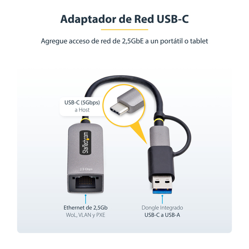 StarTech.com Adaptador de Red Ethernet USB Tipo C a RJ45 - Adaptador de Red USB-C con Conversor USB-A - NBASE-T - USB 3.1 - Compatible con Thunderbolt - para Windows y Mac