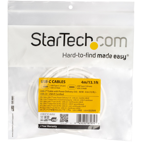 StarTech.com USB C to USB C Cable - 13 ft / 4m - 5A PD - M/M - White - USB 2.0 - USB-IF Certified - USB Type C Cable - USB C Charging Cable (USB2C5C4MW) USB Type-C kabel 4m Hvid – billede 4
