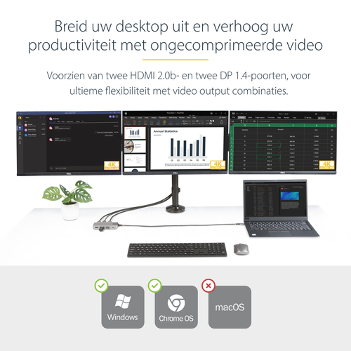 StarTech.com USB-C Triple-Monitor Multiport Adapter, Dual 4K 60Hz + 4k 30Hz HDMI & DisplayPort, 3-Port USB 10Gbps Hub, 100W Power Delivery, afbeelding 10