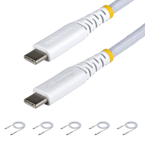 5-PACK 3FT (91CM) WHITE USB-C CHARGING CABLE, 60W (3A) PD, DUAL-LAYER BRAIDED NY