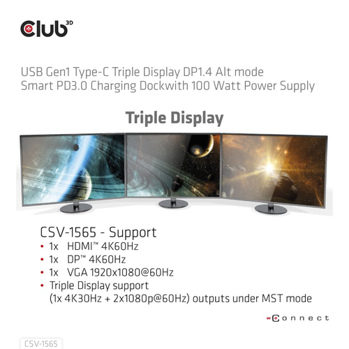CLUB3D USB Gen1 Type-C Triple Display DP1.4 Alt mode Smart PD3.0 Charging Dock with 100 Watt Power S, afbeelding 3