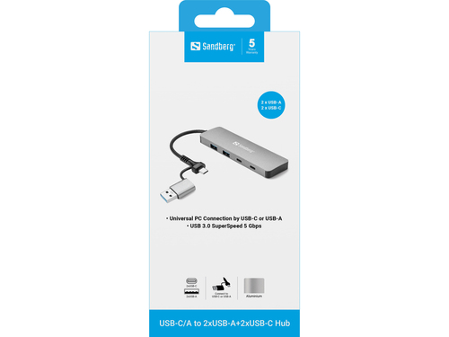 Sandberg USB‑C/A to 2xUSB‑A+2xUSB‑C Hub - aluminium, afbeelding 3