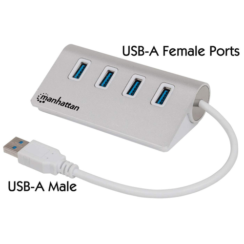 Manhattan USB-A 4-Port Hub, 4x USB-A Ports, 5 Gbps (USB 3.2 Gen1 aka USB 3.0), Bus Powered, Fast charging up to 0.9A, SuperSpeed USB, Aluminium Housing, Windows