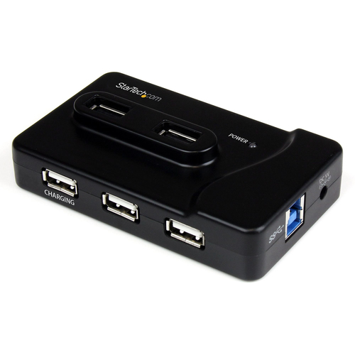 StarTech.com 7 Port USB Hub - 2 x USB 3A, 4 x USB 2A, 1 x Dedicated Charging Port - Multi Port Powered USB Hub with 20W Power Adapter (ST7320USBC) Sort