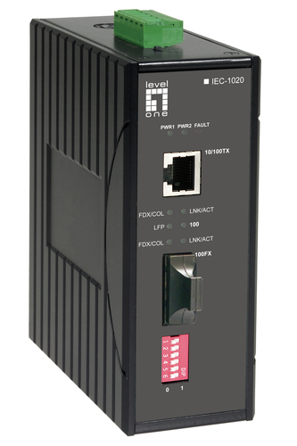 LevelOne RJ45 to SC Fast Ethernet Industrial Media Converter, Single-Mode Fiber, 20km, -40°C to 75°C