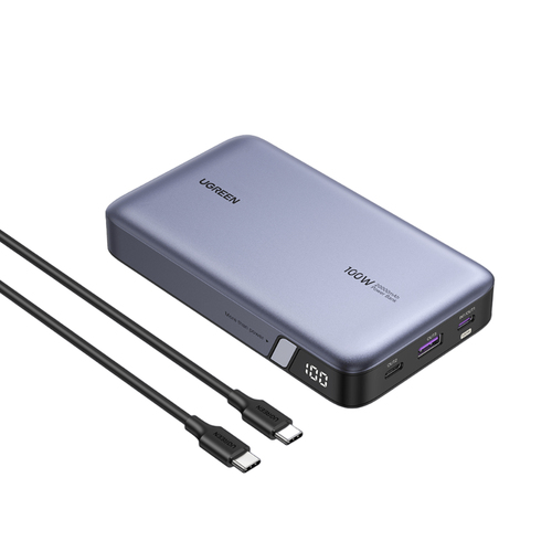 25188 Power Bank de 20000mAh 3 Salidas 100W Max USBA 2 USBC PD 30 QC30 FCP SCP Pantalla Inteligente Carcasa Ignifuga Color Gris Incluye Cable USB de 50cm Carga tu Laptop de Manera Segura 25188