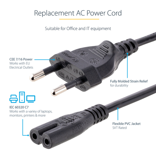 StarTech.com 1m (3ft) Laptop Power Cord, EU Plug to C7, 2.5A 250V, 18AWG, Notebook / Laptop Replacement AC Power Cord, Printer/Power Brick Cord, Europlug to IEC 60320 C7 - Laptop Charger Cable, UL Listed Strømkabel 1m Sort – billede 4