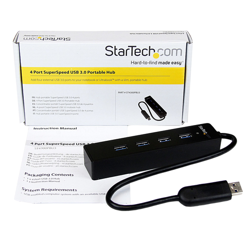 StarTech.com 4-Port USB 3.0 Hub with Built-in Cable - SuperSpeed Laptop USB Hub - Portable USB Splitter - Mini USB Hub (ST4300PBU3) Sort – billede 4