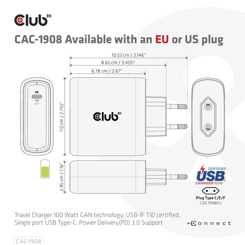 Club3D CAC-1908EU GAN Travel Adapter 100Watt USB-C PD Sort – billede 6