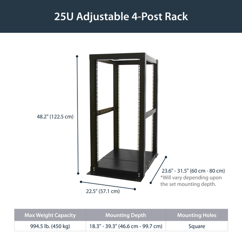 StarTech.com 25U Adjustable Depth 4 Post Open Frame Server Rack Cabinet – image 5