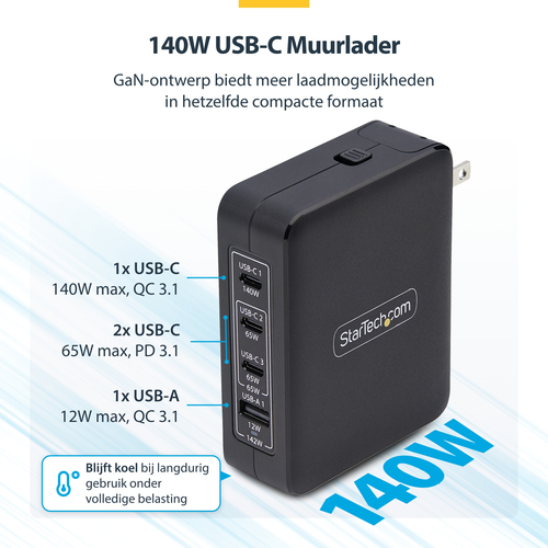 StarTech.com 140W USB-C Wall Charger, USB-CUSB-A, PD GaN Power Adapter - Netspanningsadapter, afbeelding 6