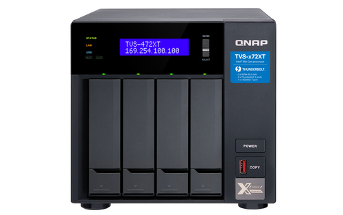 TVS-472XT-I3-4G-US NAS QNAP TVS472XTI34G / 4 BAHIAS / TORRE / INTEL COREI3 4NUC31GHZ / 4GBRAM / M2 2 /LANGBE RJ452/10GBE1/THUNDERBOLT32 /PCIE 2/USB 20 2/USB 325 /HDMI1/HOT SWAP/NO INCLUYE DISCOS TVS-472XT-I3-4G-US