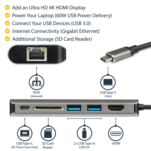 StarTech.com USB C Multiport Adapter, Portable USB-C Dock to 4K HDMI, 2-pt USB 3.0 Hub, SD/SDHC, GbE – image 9