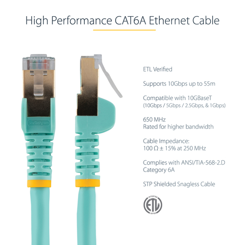 StarTech.com 0.50 m CAT6a Cable - 10 Category 6a Shielded Snagless RJ45 100W Patch Cord - 10GbE Aqua UL/TIA Certified CAT 6a Afskærmet parsnoet (STP) 50cm Patchkabel Akvamarin – billede 5