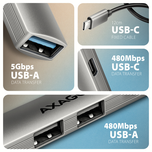 Axagon HUB USB HUE-STC, 4x USB ALU STRIP hub, 1x USB-A 5Gbps, 2x USB-A & 1x USB-C 480Mbps, kabel USB-C 12cm – image 3