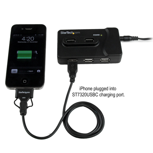 StarTech.com 7 Port USB Hub - 2 x USB 3A, 4 x USB 2A, 1 x Dedicated Charging Port - Multi Port Powered USB Hub with 20W Power Adapter (ST7320USBC) Sort – billede 5