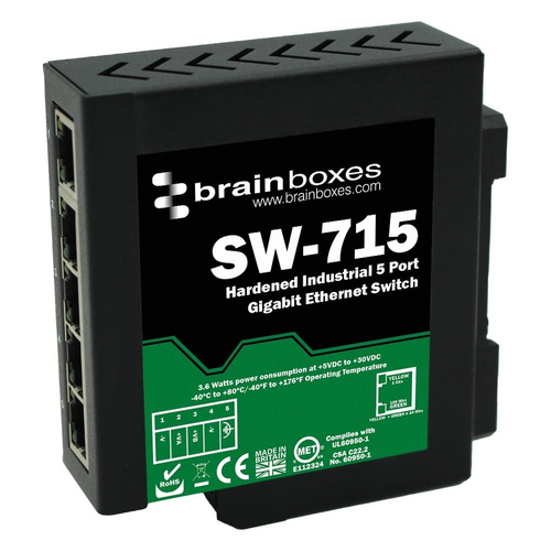 Brainboxes SW-715 сетевой коммутатор Неуправляемый Gigabit Ethernet (10/100/1000) DIN-рейка Черный, Зеленый
