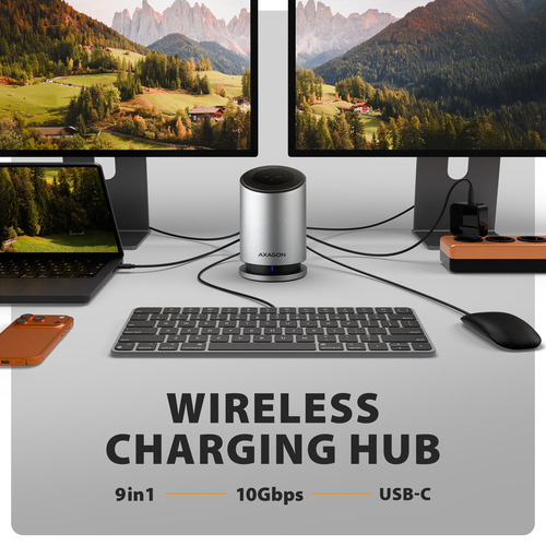 Axagon HMC-WL9 USB 10Gbps hub with Qi, 3x USB-A, USB-C, HDMI & DP 4k/60Hz, RJ-45, PD – image 2