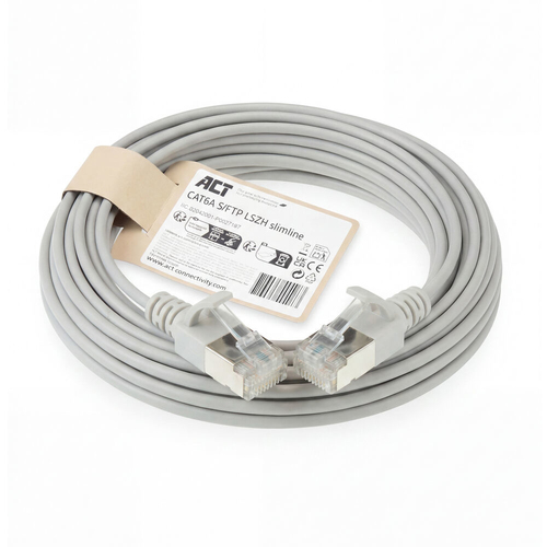 ACT Grijze 5 meter LSZH S/FTP CAT6A slimline patchkabel snagless met RJ45 connectoren, afbeelding 2