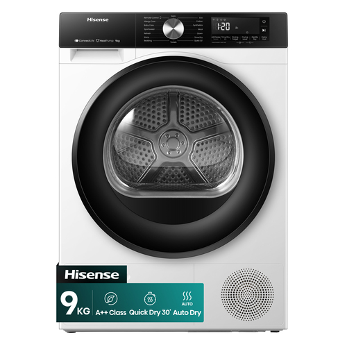 Hisense 9 kg heat pump dryer with AutoDry for precise drying, a quick Refresh program for lightly worn clothes and an AllergyCare cycle for cleaner results. Eas – image 1