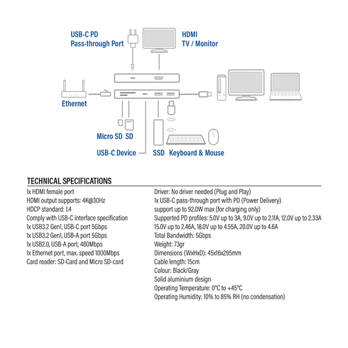 ACT Connectivity USB-C 4K docking station voor 1 HDMI monitor, ethernet, USB-C, USB-A, cardreader en PD pass-through dockingstation, afbeelding 6