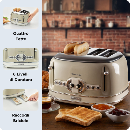 0156/03 Retro Style 4 Slice Toaster with 2 Slice Control, 6 Browning Levels and Removable Crumb Tray, Vintage Design, Beige - Ariete - image 4