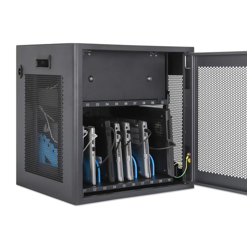 Manhattan Laadkast voor 10 laptops (tot 16"), laden via interne AC-adapters (EU) (installatie van voedingskabels van apparaten vereist), geschikt voor ALLE laptops, iPad, MacBook en Chromebook, vakken 380×30×280 mm, laadtrolley, afsluitbaar