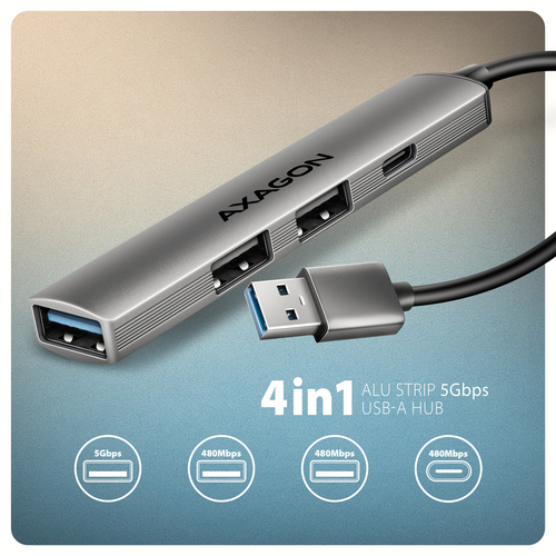 Axagon HUB USB HUE-STA, 4x USB ALU STRIP hub, 1x USB-A 5Gbps, 2x USB-A & 1x USB-C 480Mbps, kabel USB-A 12cm – image 2