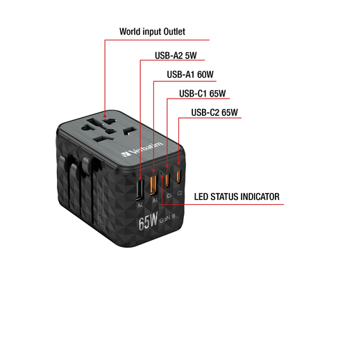 Verbatim UTA-05 65W GaN III Universal Travel Adapter with 2 x USB-C PD & QC 4+ & 2 x USB-A ports – image 5