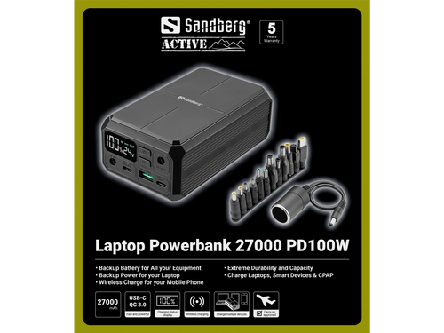 Sandberg Laptop Powerbank 27000 PD100W 27000 mAh Draadloos opladen Zwart, afbeelding 7