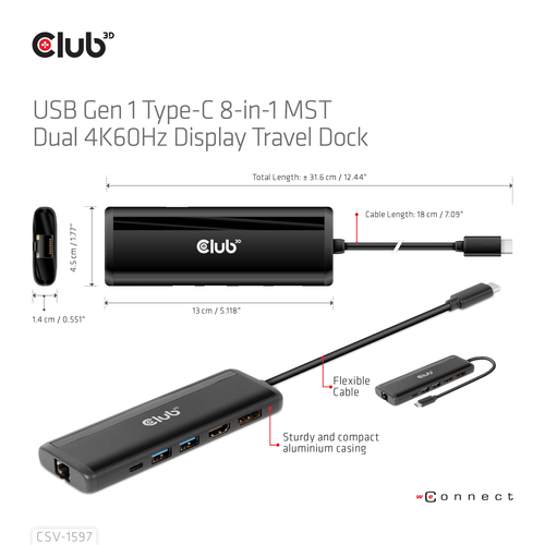 CLUB3D USB Gen 1 Type-C 8-in-1 MST Dual 4K60Hz Display Travel Dock – image 8