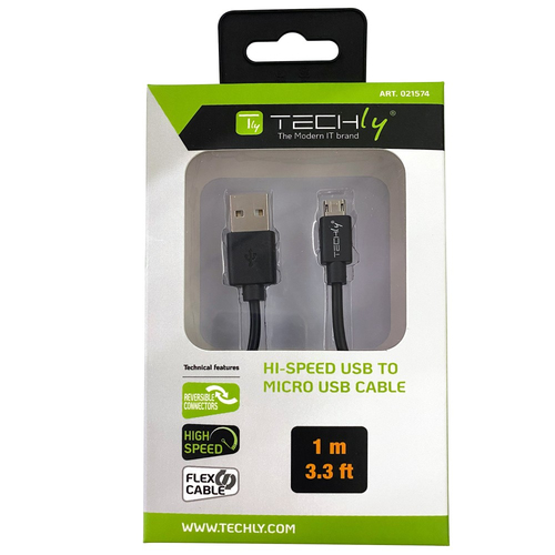 TECHLY USB2.0 Anschlusskabel schwarz 1m Stecker Typ A auf Stecker Typ Micro B verdrehsicherer Stecker