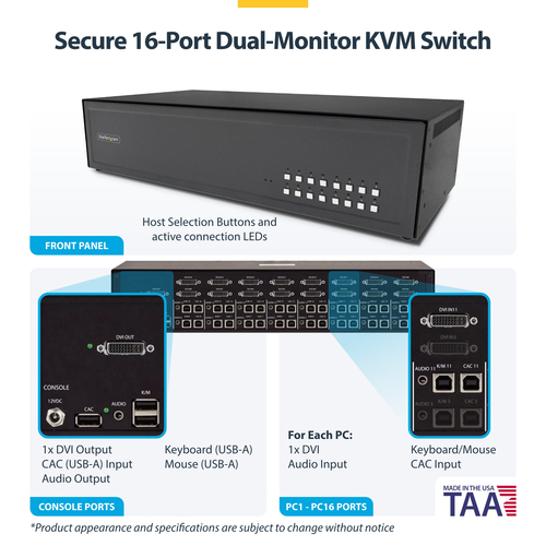 StarTech.com Secure 16-Port KVM Switch, DVI, NIAP 4.0 Desktop KVM, Metal Housing, CAC Port, Made in the USA – image 4