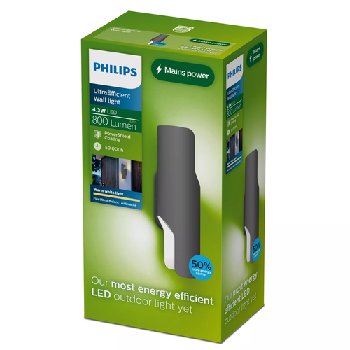 Philips Fira Wandlamp - Buitenverlichting - Schijnt in twee richtingen - Warmwit licht: 2700K - Antraciet - Aluminium - PowerShield coating - Lange levensduur – Foto 3 van 3