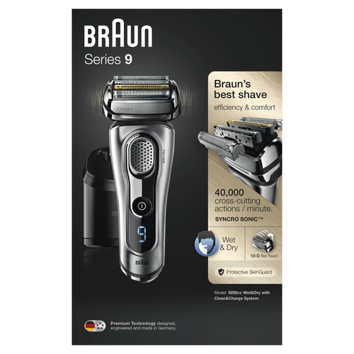 Braun Series 9 Electric Shaver for Men 9292cc, Clean&Charge Station and Travel Case – Silver