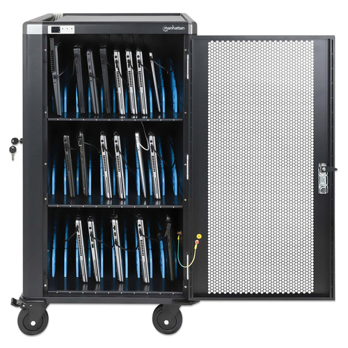 Manhattan Laadtrolley voor 30 laptops (tot 16"), laden via interne AC-adapters (EU) (installatie van voedingskabels van apparaten vereist), geschikt voor ALLE laptops, iPad, MacBook en Chromebook, vakken 380×30×280 mm, landkast, afsluitbaar