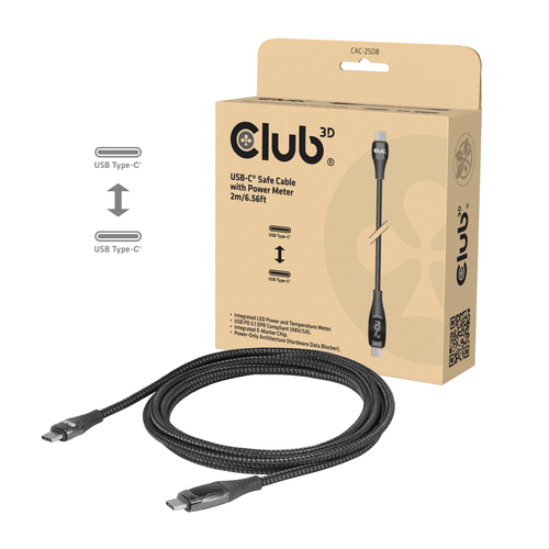 CLUB3D Veilige USB-C®-kabel met vermogensmeter, 240 W, geen dataoverdracht, 2 m