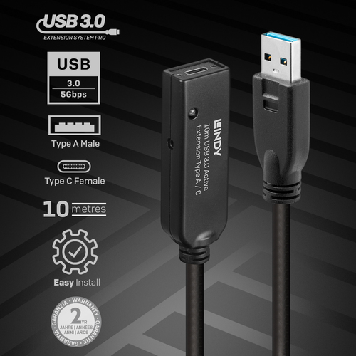 LINDY 10m USB 3.0 Aktivverlängerung Type A an C, afbeelding 4