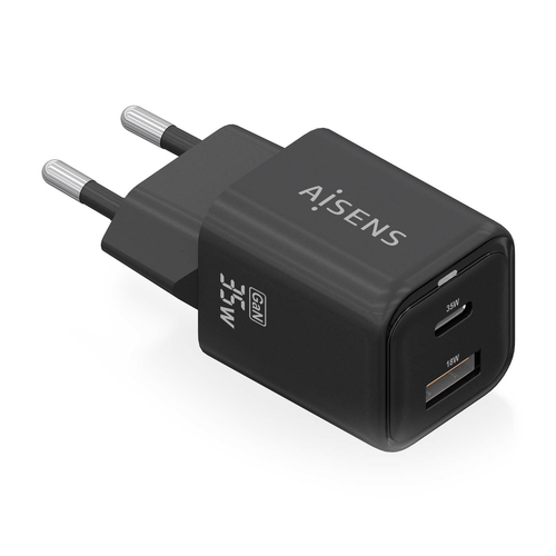 AISENS Gan 35W charger, 1xUSB-C PD3.0 QC4.0, 1xUSB-A QC3.0, Black