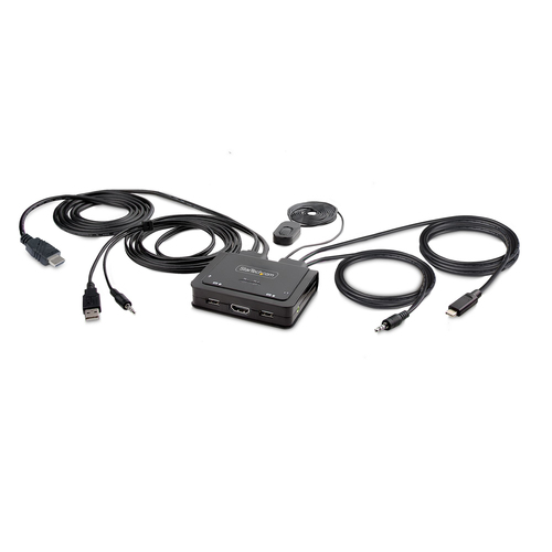 StarTech.com 2-Port Hybrid USB-C HDMI Cable KVM Switch, 4K 60Hz, Compact KVM with 6ft/1.8m USB-A/HDMI/Audio & 4ft/1.2m USB-C Integrated Host Cables, Bus Powered - Remote Push Button/Hotkey Switching (C2-H46-UAC-CBL-KVM) KVM / audio / USB switch