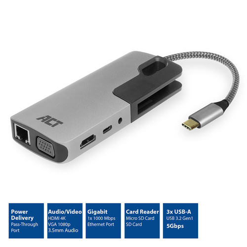 ACT AC7043 док-станция для ноутбука Проводная USB 3.2 Gen 1 (3.1 Gen 1) Type-C Серый